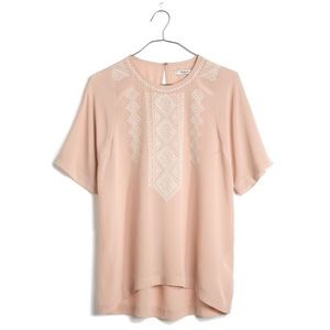 Madewell Silk Short Sleeve Embroidery Blouse L/XL